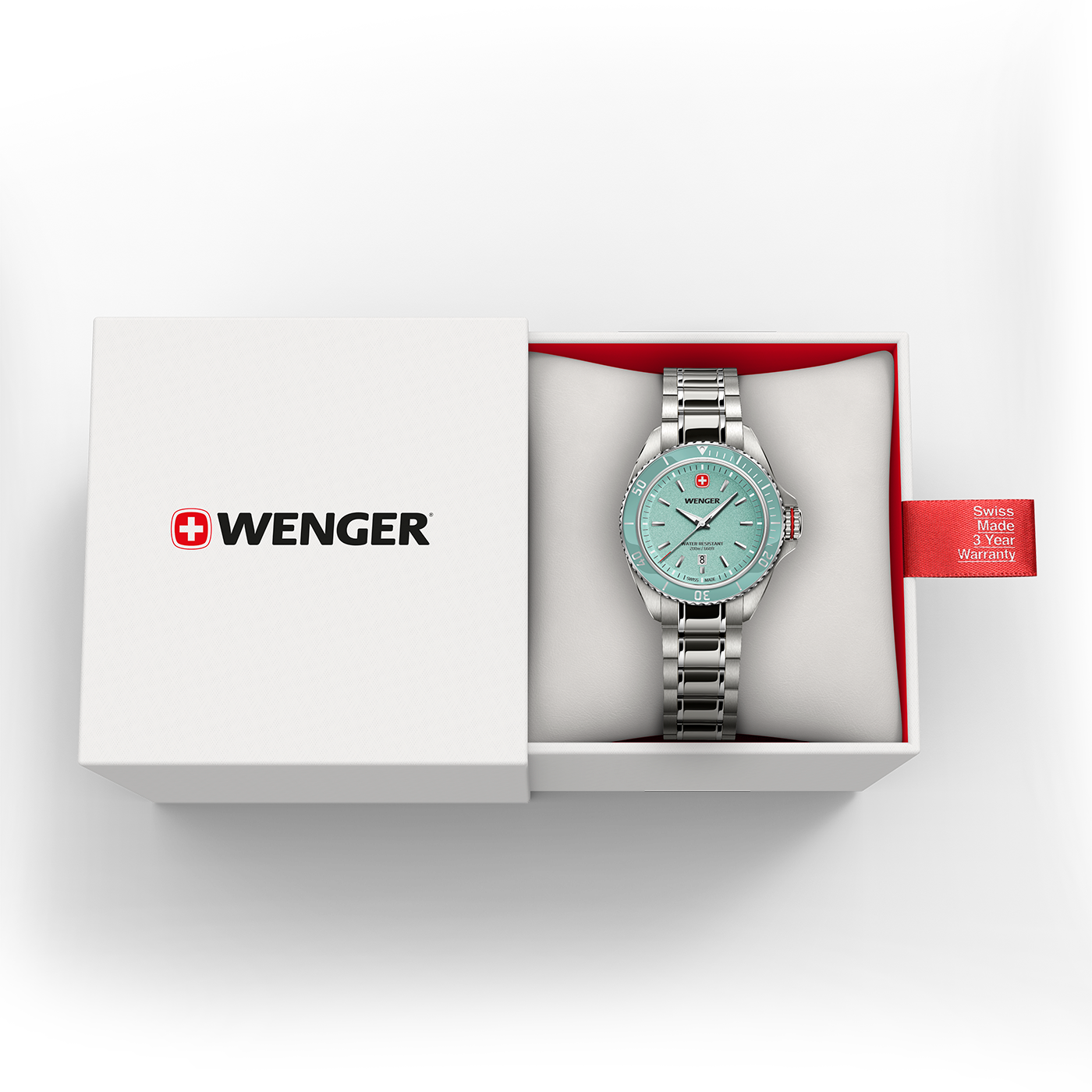 A light green Wenger wristwatch in a white gift box with a red warranty tag.