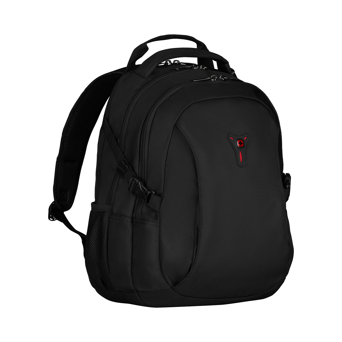 Black backpack with red logo on black background, close-up shot of the bag