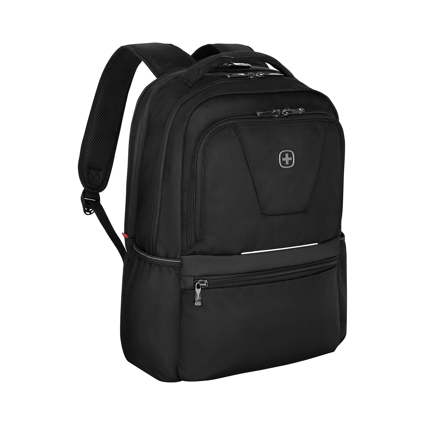 Black backpack with zippers and logo on a black background, perfect for travel.
