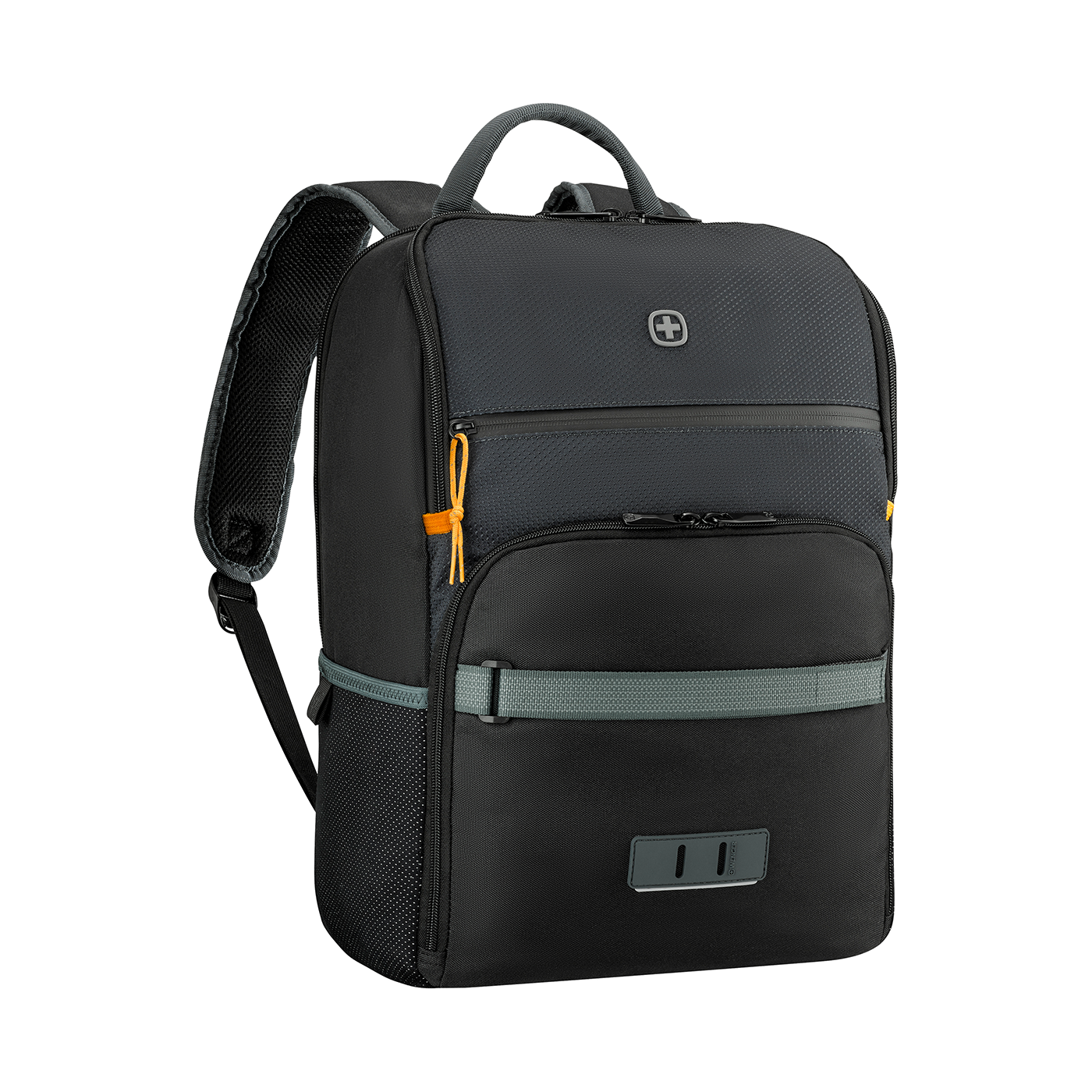 Black backpack with gray accents and orange details, featuring the Wenger logo.