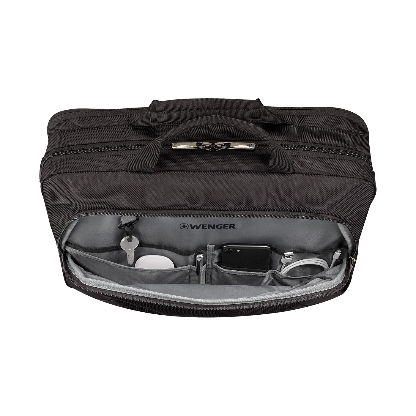 Black briefcase with open compartment filled with items, brand Wenger.