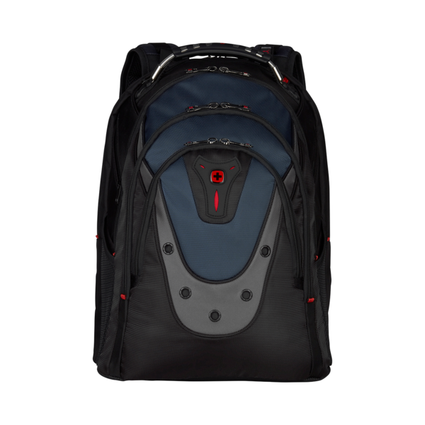 Black backpack with blue and gray accents, red cross logo, isolated on black