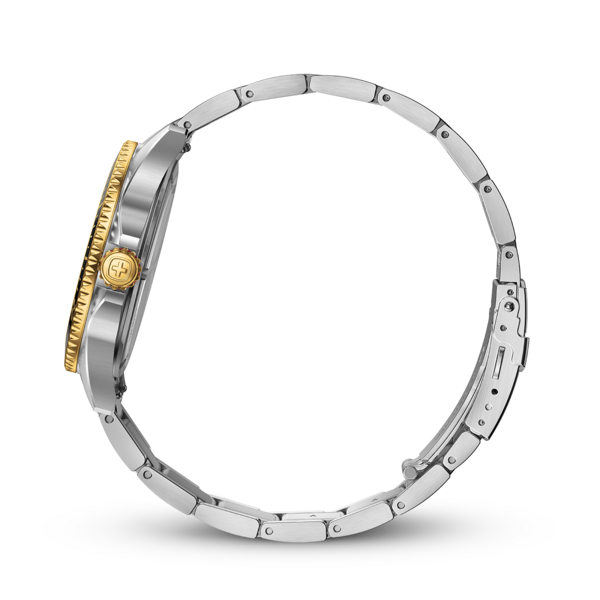 Watch, silver band, gold bezel, black background, side view, Swiss made