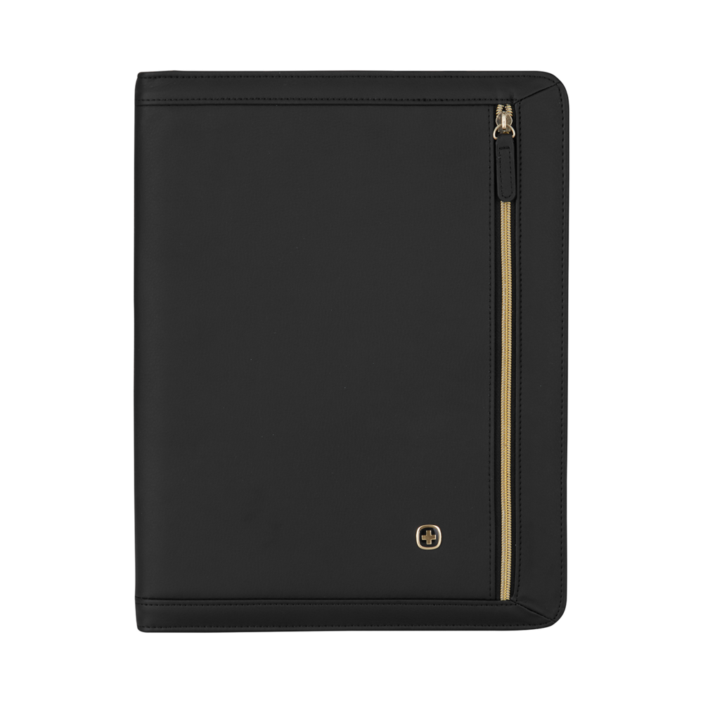 Black portfolio with gold zipper and logo. Leather-look. Business accessory.