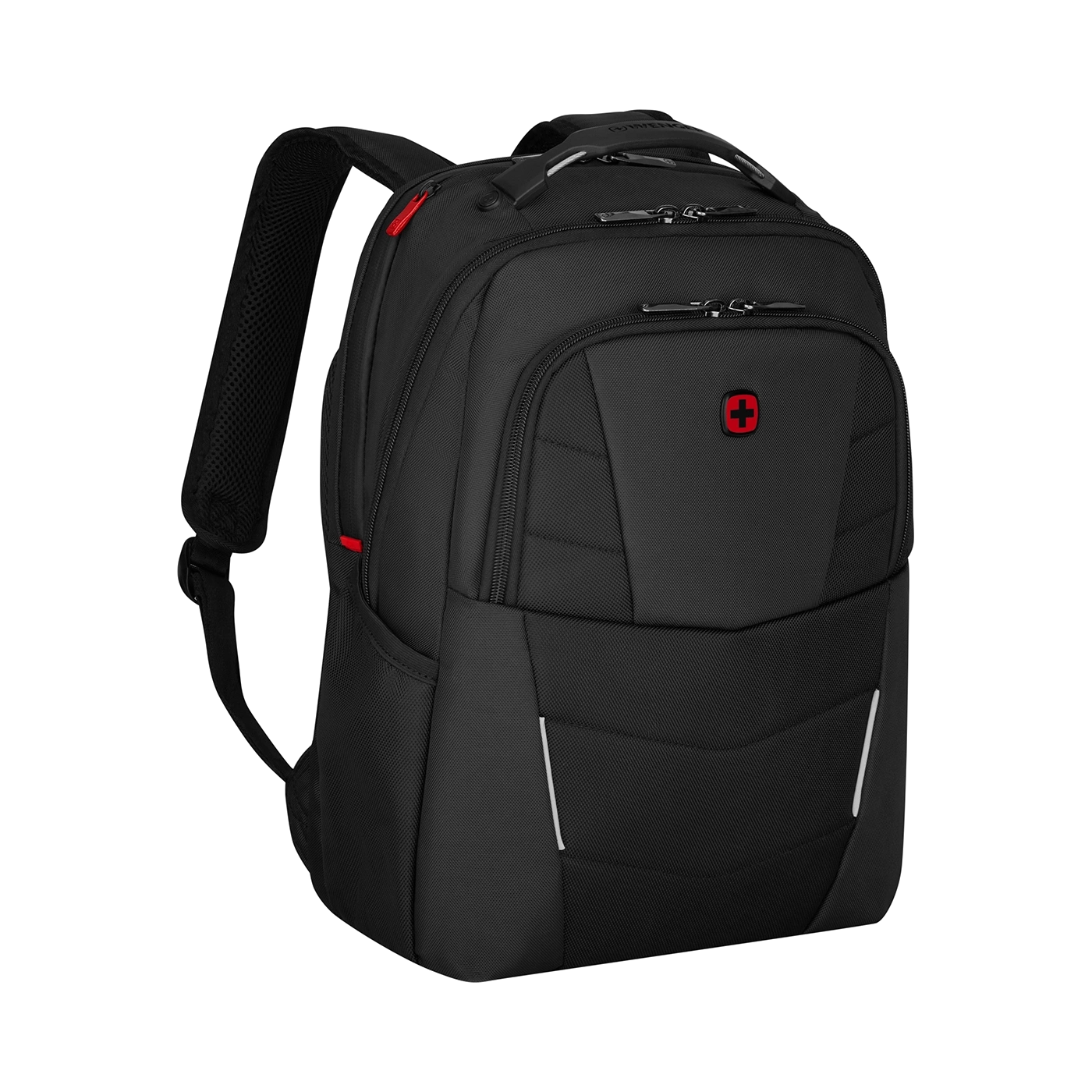 Black backpack with red cross and white stripes on a black background.