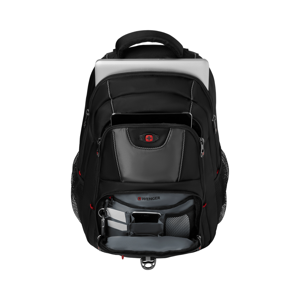 Black backpack with laptop and tablet, open, with many compartments and pockets