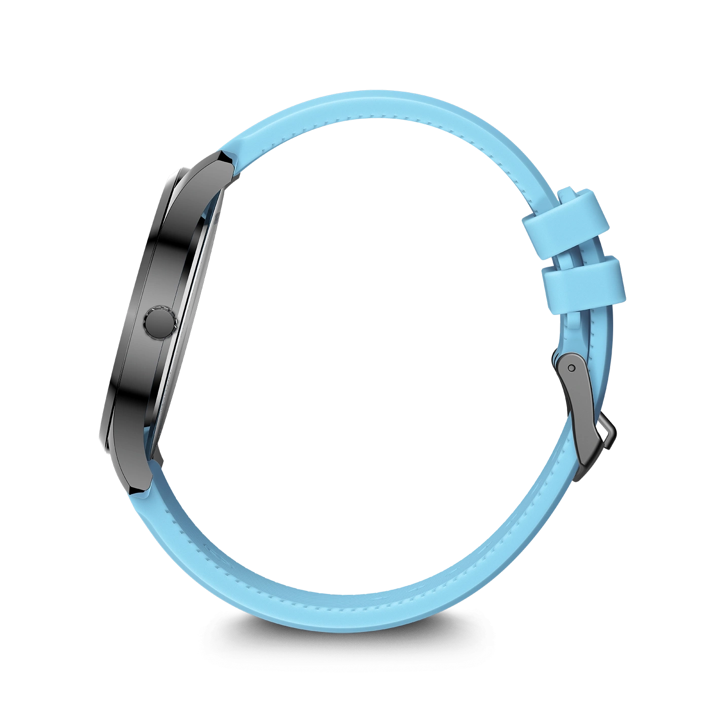 A light blue smartwatch with a silver casing and a blue silicone strap against a white background.