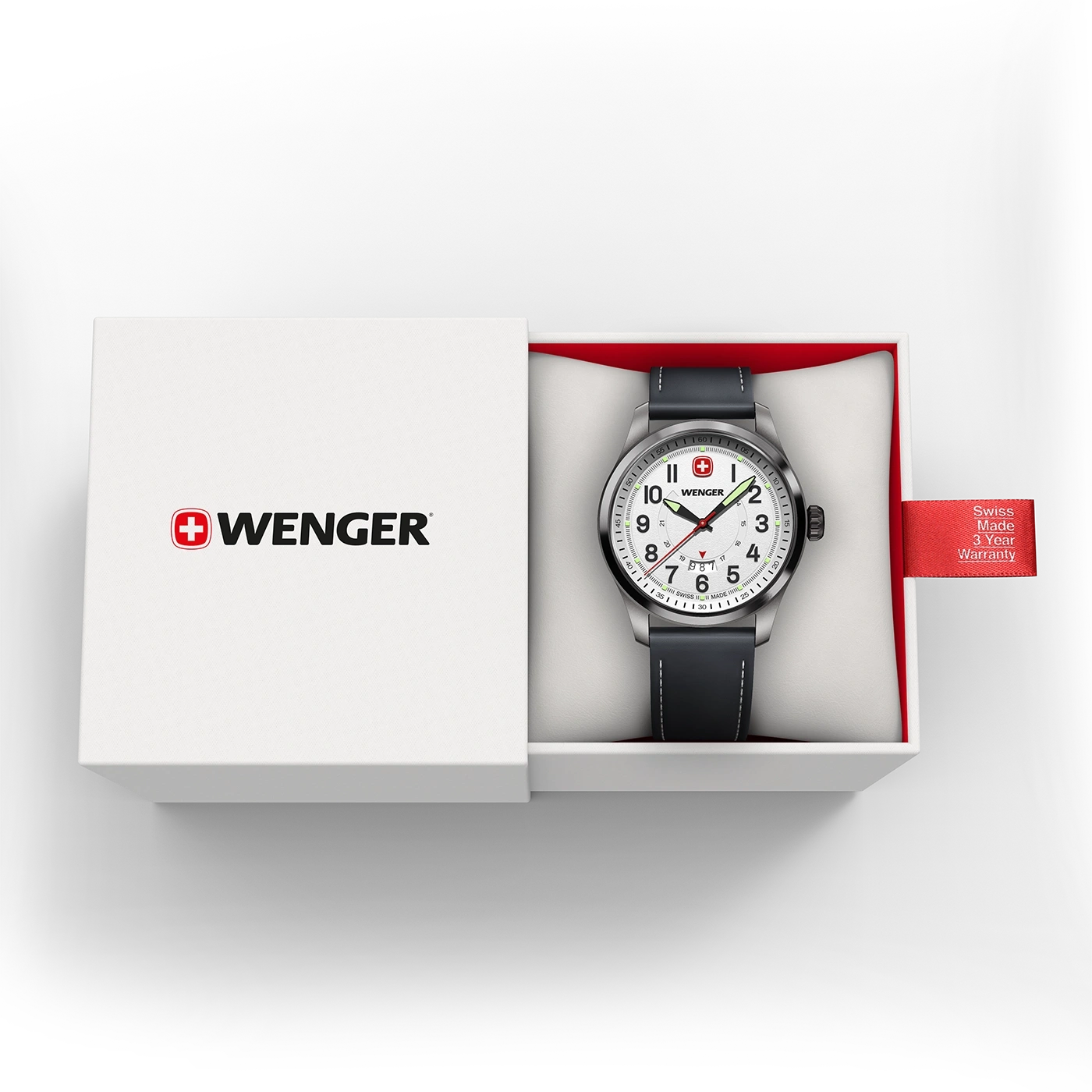 Wenger watch in box, Swiss Made, 3 year warranty, white dial, black strap