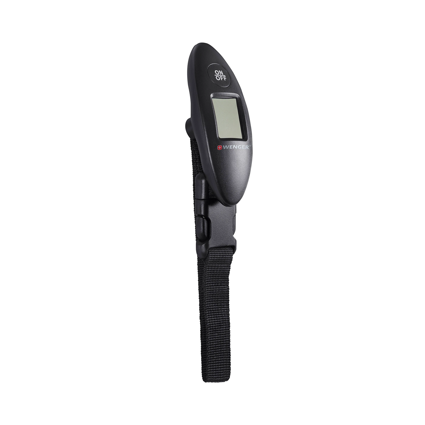Black luggage scale with digital display and Wenger logo