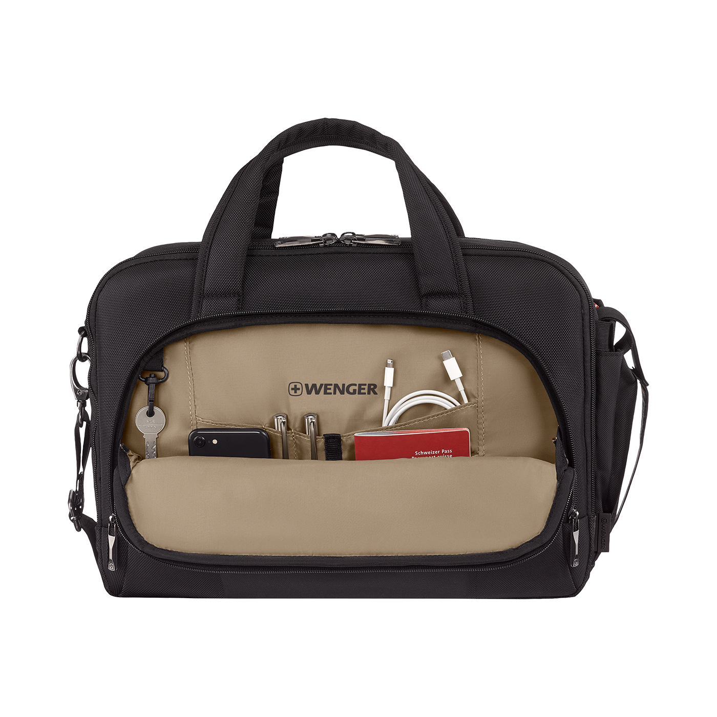 Black Wenger bag with open compartments, accessories, and logo visible.