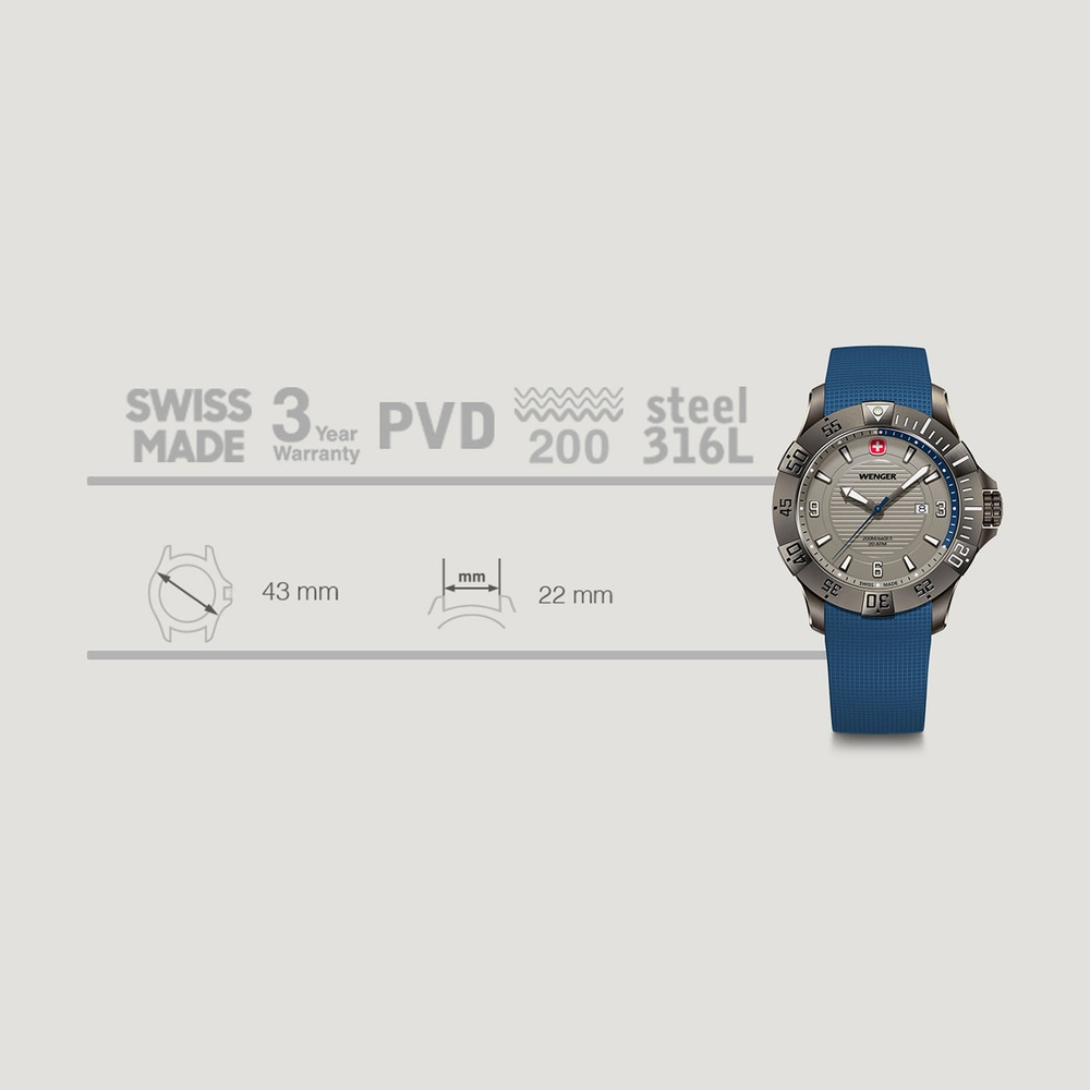 Wenger watch, Swiss Made, 3 year warranty, PVD, steel, 200M, 43mm case, 22mm strap