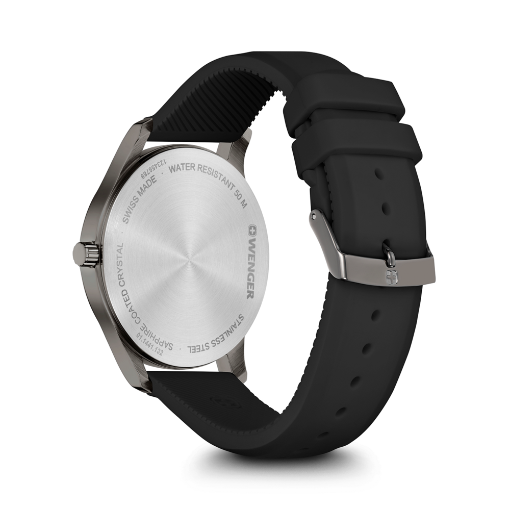 Wenger watch back, stainless steel, waterproof, black strap, close-up detail shot.
