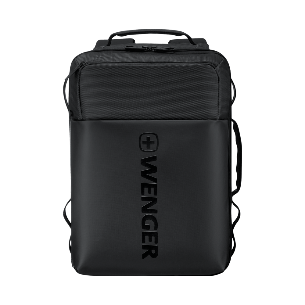 Black Wenger backpack with logo on the front.