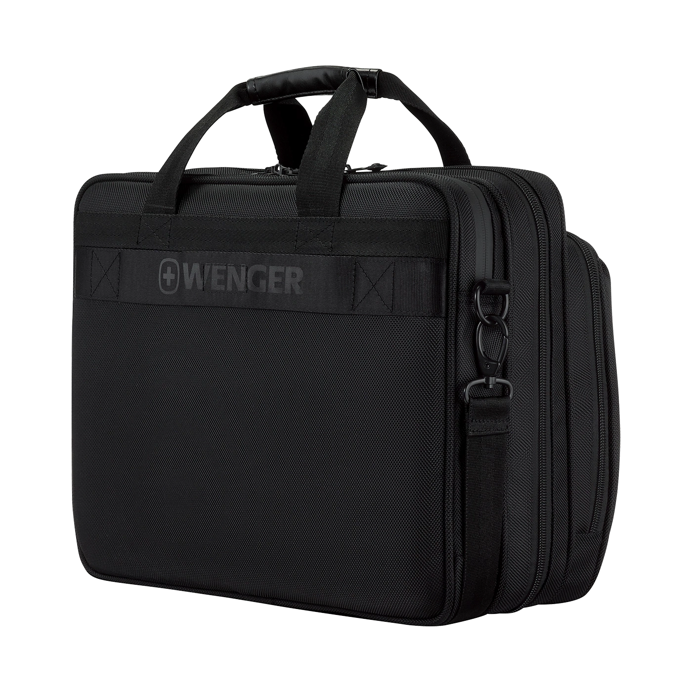 Black briefcase with handles and shoulder strap, brand Wenger