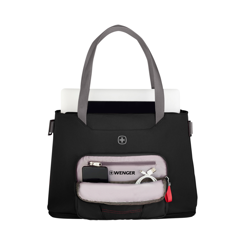 Black handbag with gray handle, zipper, red accent, and Wenger logo. Contains phone and cable.