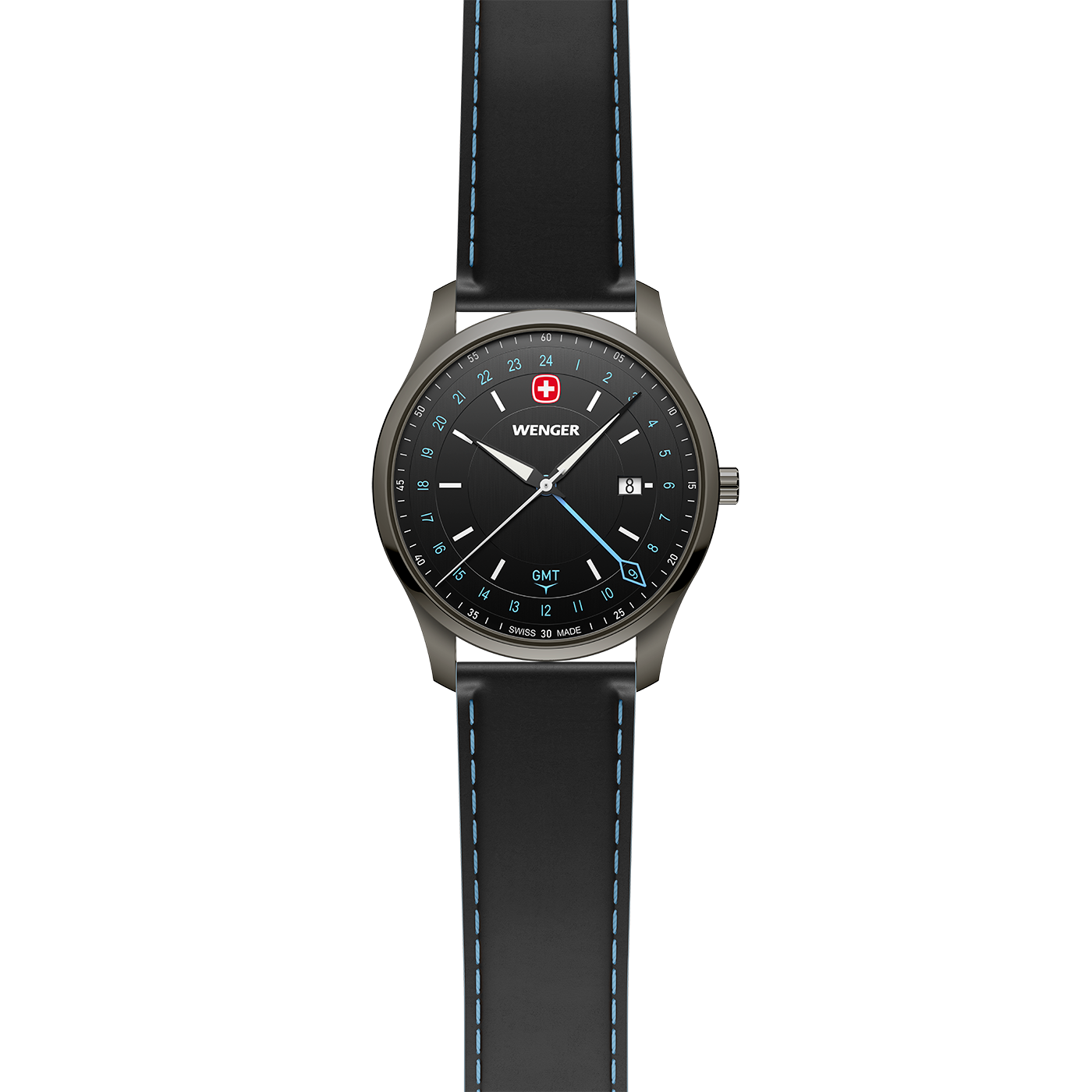 A black Wenger watch with blue stitching and GMT function.
