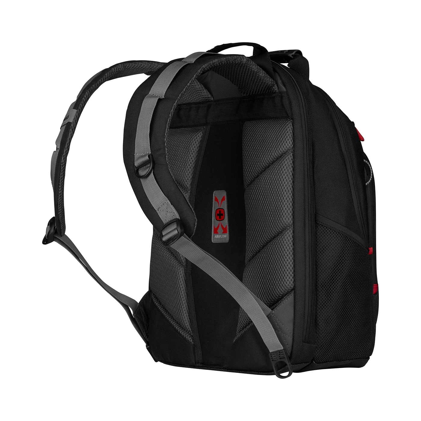 Black backpack with gray straps and red accent on a black background, side view.