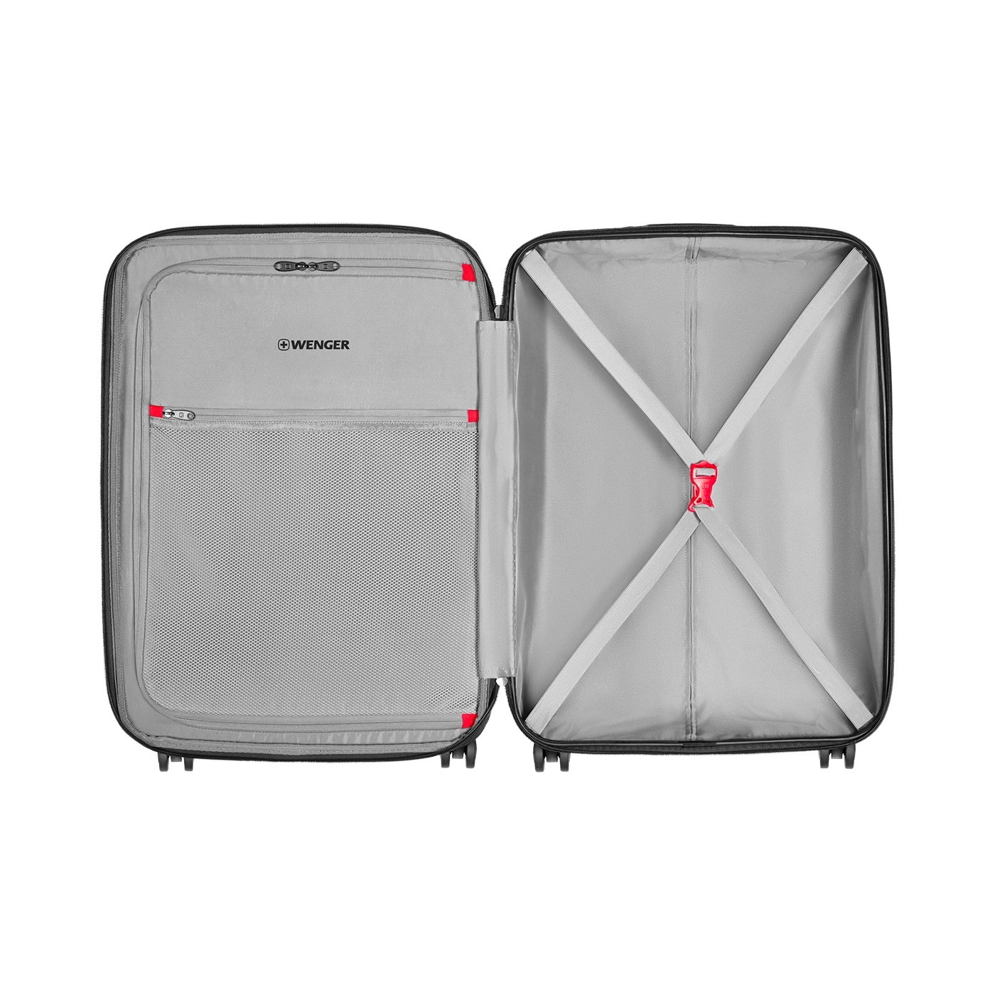 Open suitcase with gray interior and red accents, brand Wenger. Luggage.