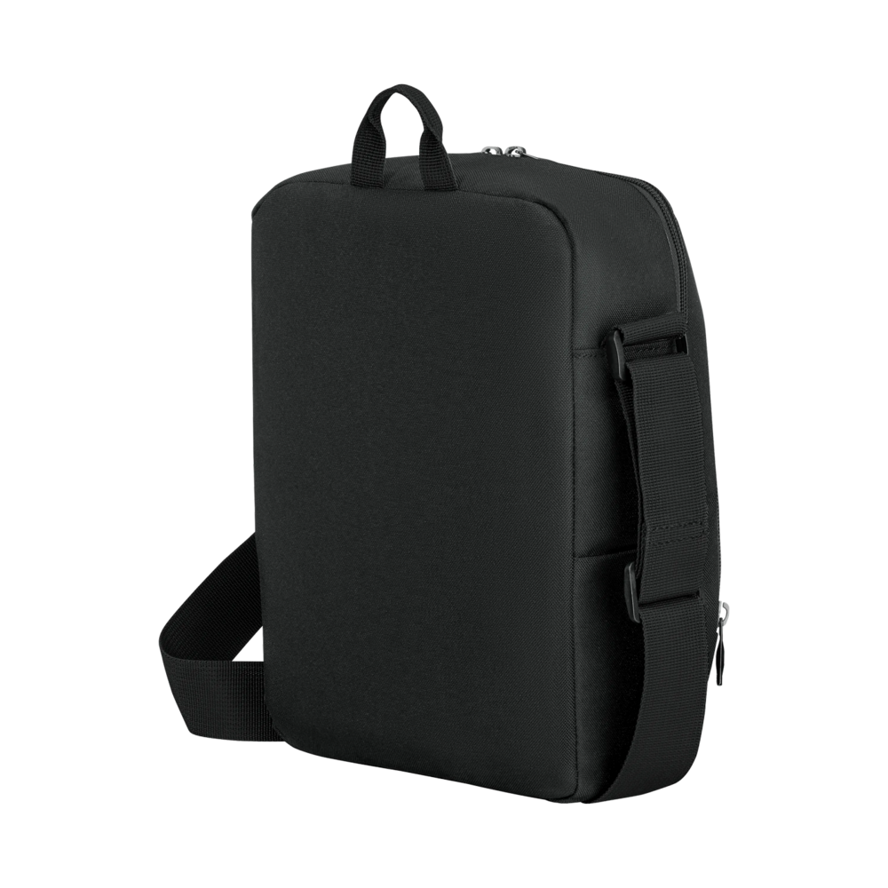 Black messenger bag with shoulder strap and handle, rectangular, modern design