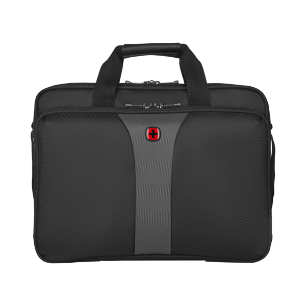 Black briefcase with red cross logo, handle and zippers, business bag, Swiss design