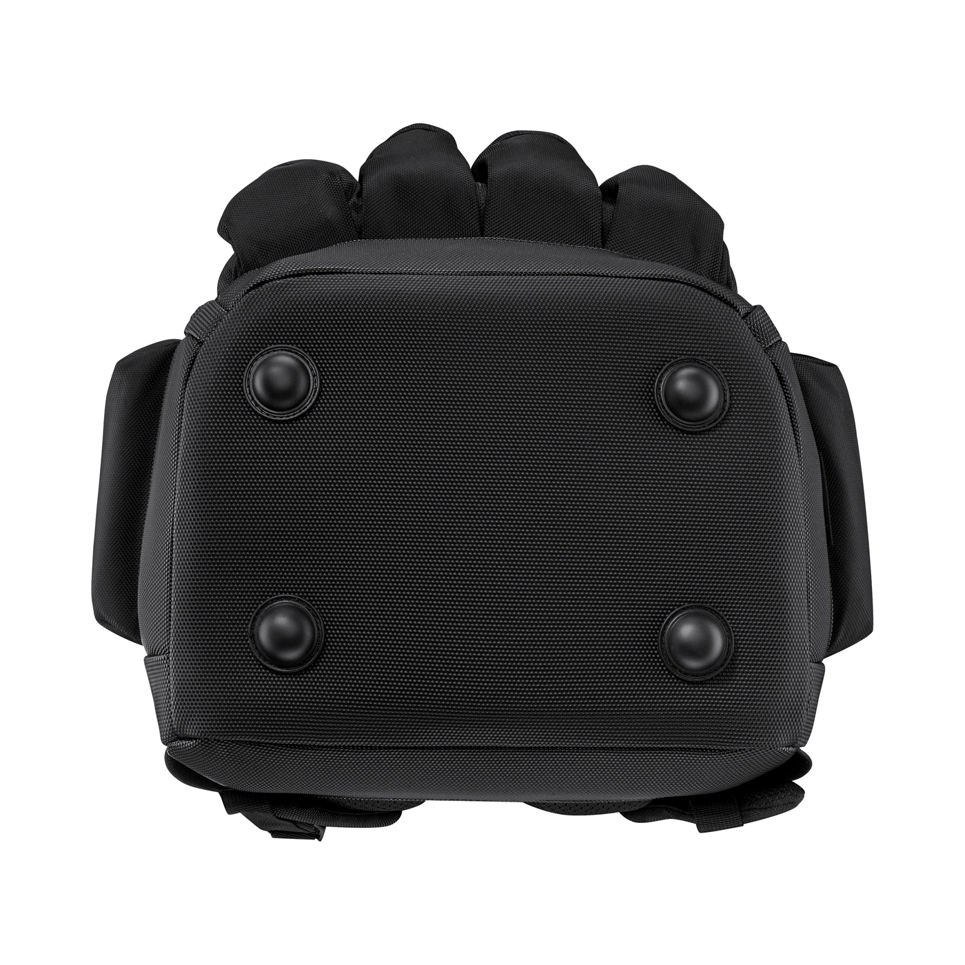 Black backpack from below with four feet