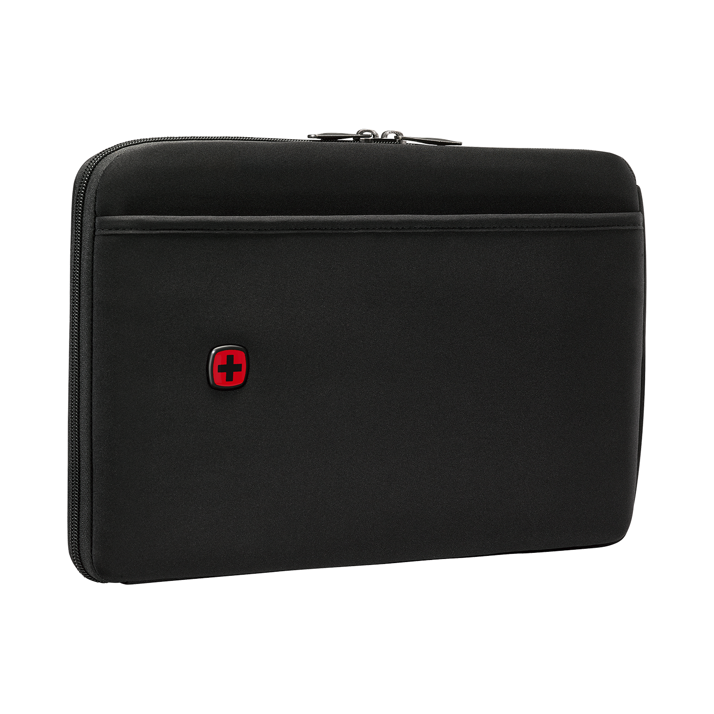 Black laptop sleeve with red cross logo and zipper, simple and sleek design.