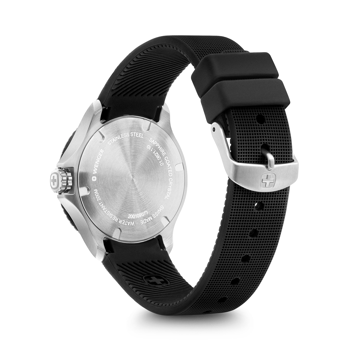 Wenger watch, stainless steel, waterproof, black strap, Swiss watch, detail shot, close-up