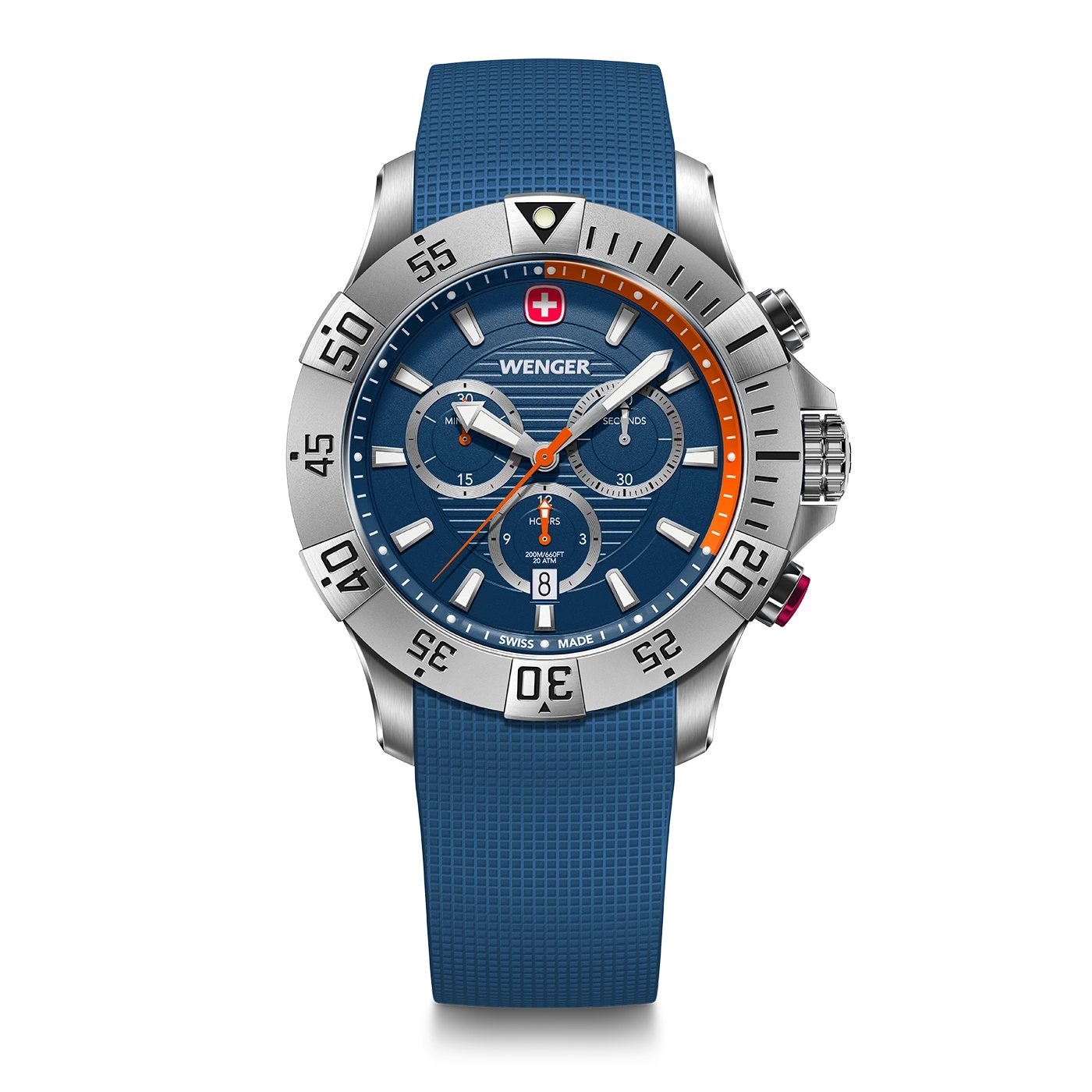 Wenger watch with blue dial and strap, silver case, Swiss design, chronograph features