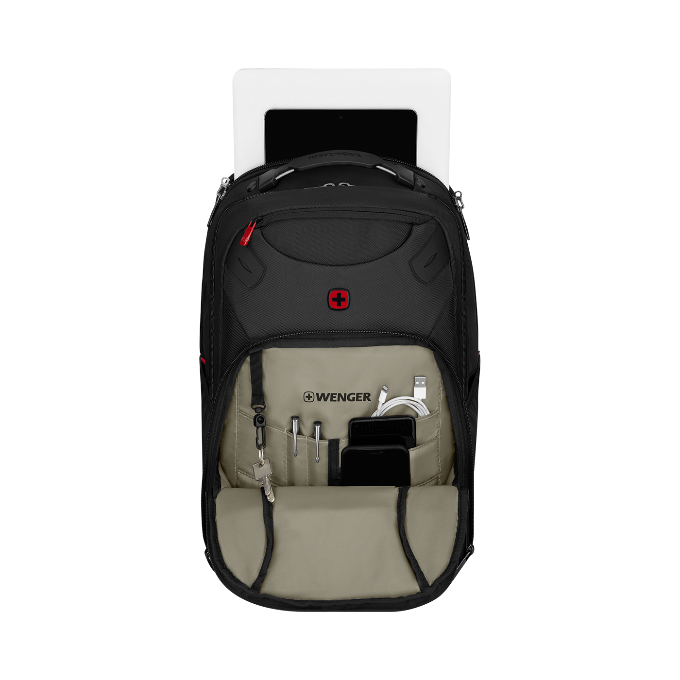 Black backpack with open pocket filled with items against a black background, Wenger brand.
