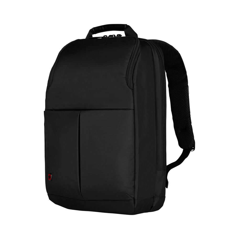 Black backpack with zipper and red accent on a black background, modern design.