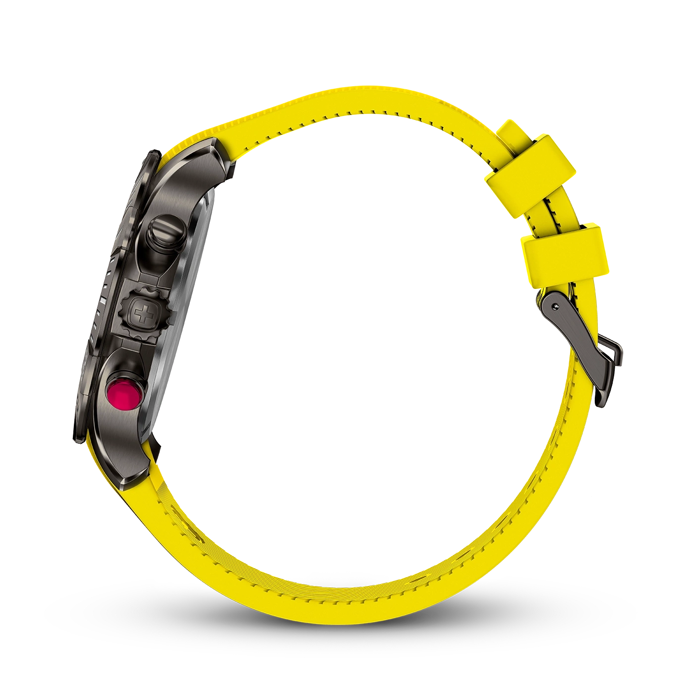 Side view of a watch with yellow strap, black case, red button, close-up detail