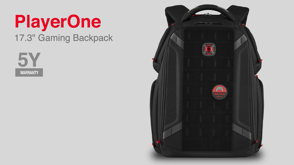 Black gaming backpack with red accents, 17.3" capacity, and a 5-year warranty.