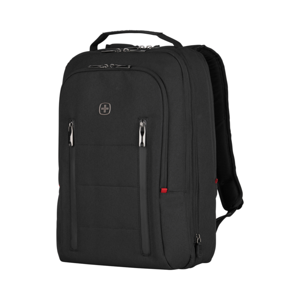 Black backpack with zippers and logo on a black background, modern design.