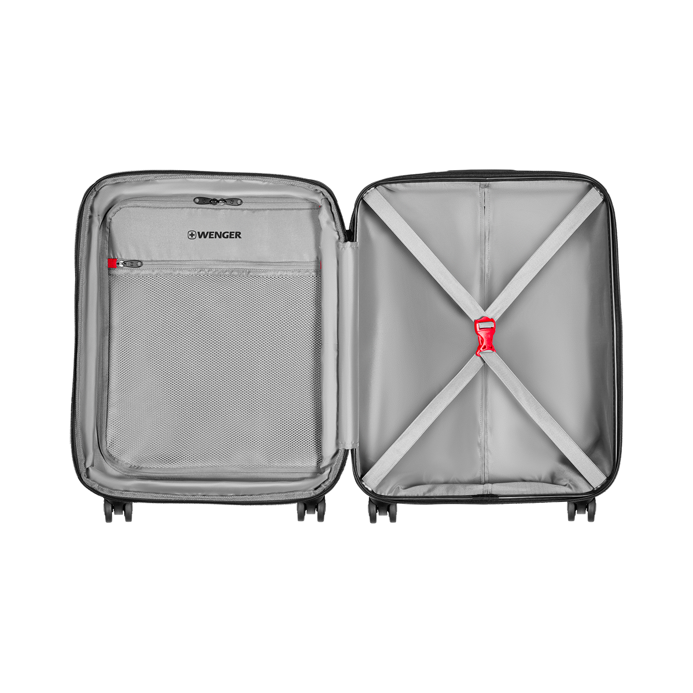 Open suitcase with gray interior and red clasp. Luggage with compartments.