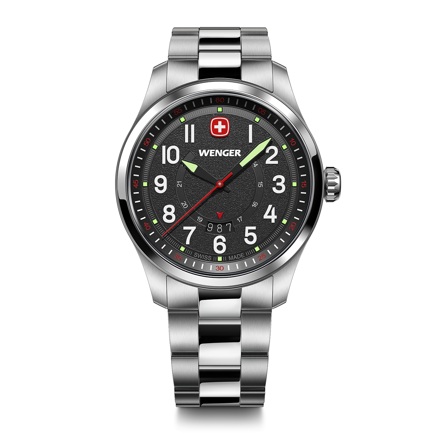 Wenger watch with black dial and silver bracelet. Swiss made design and style.