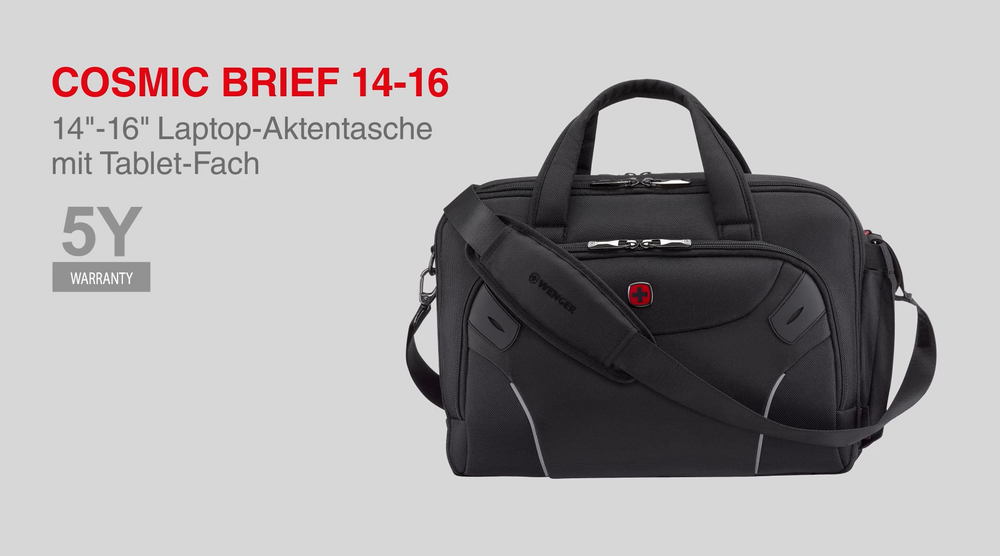 Black laptop bag with 5-year warranty and tablet compartment by Wenger.