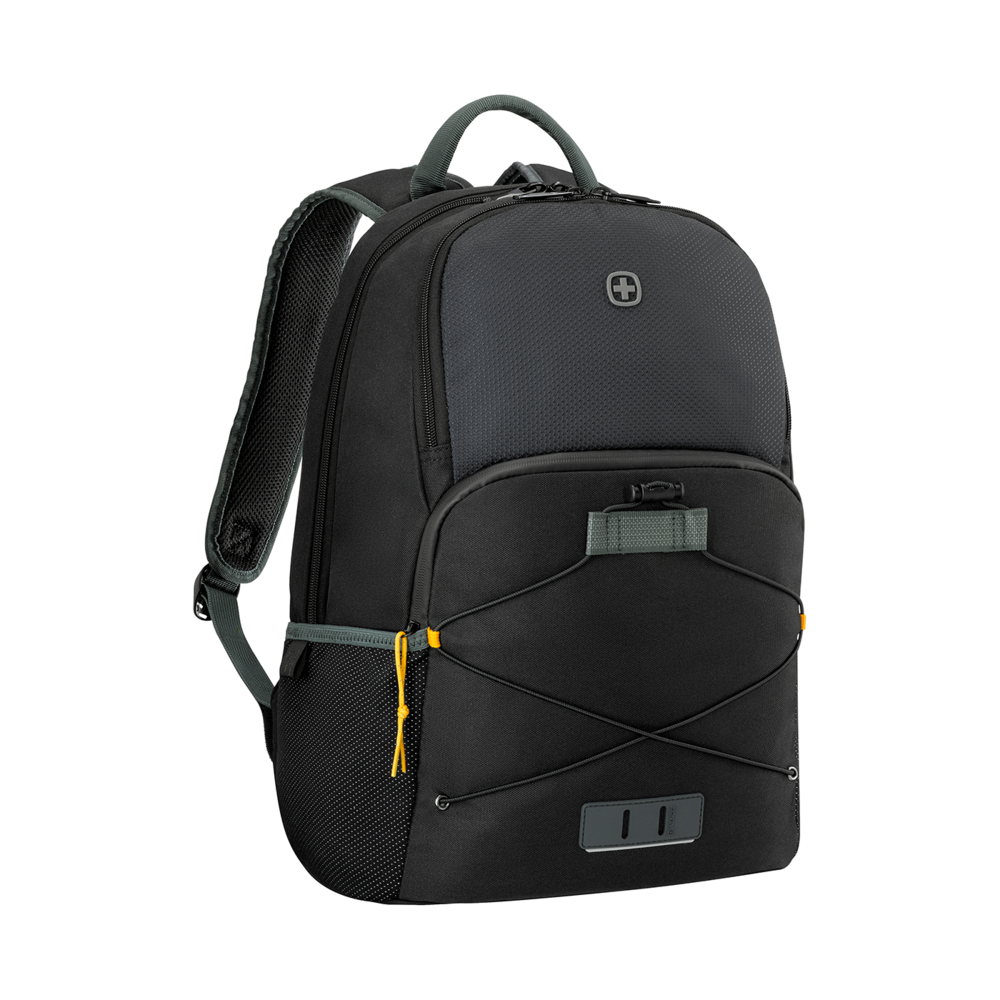 Black backpack with gray handle and yellow accents on a black background.