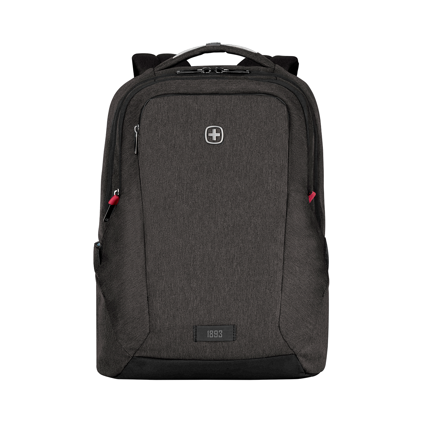 Dark gray backpack with Swiss cross logo, zippers, and the year 1893
