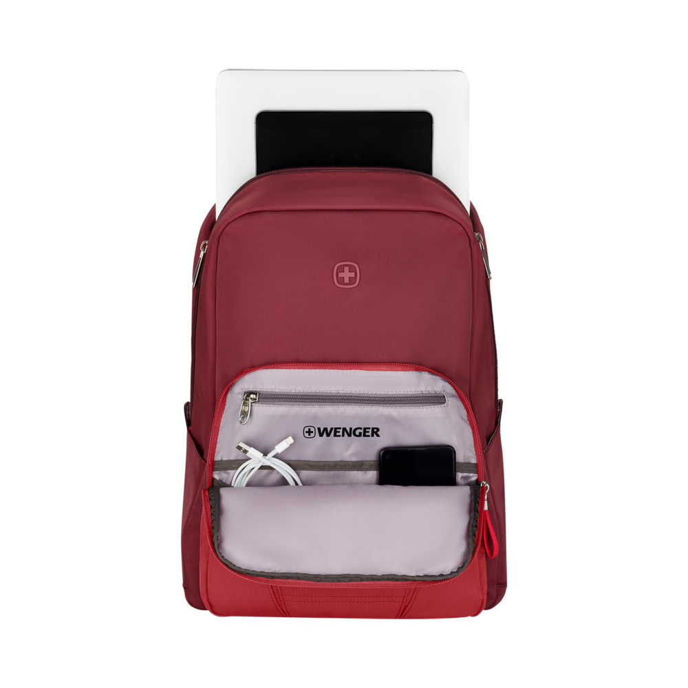 Red backpack with Wenger logo, zipper, and accessories inside the pocket.