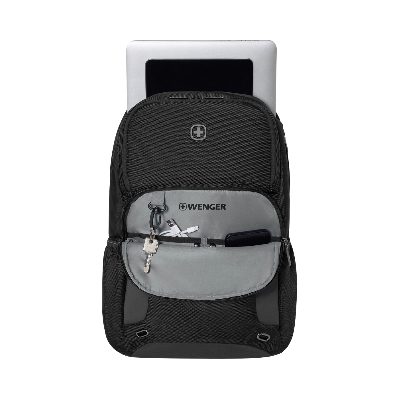 Black backpack with laptop and accessories, Wenger logo, open pocket