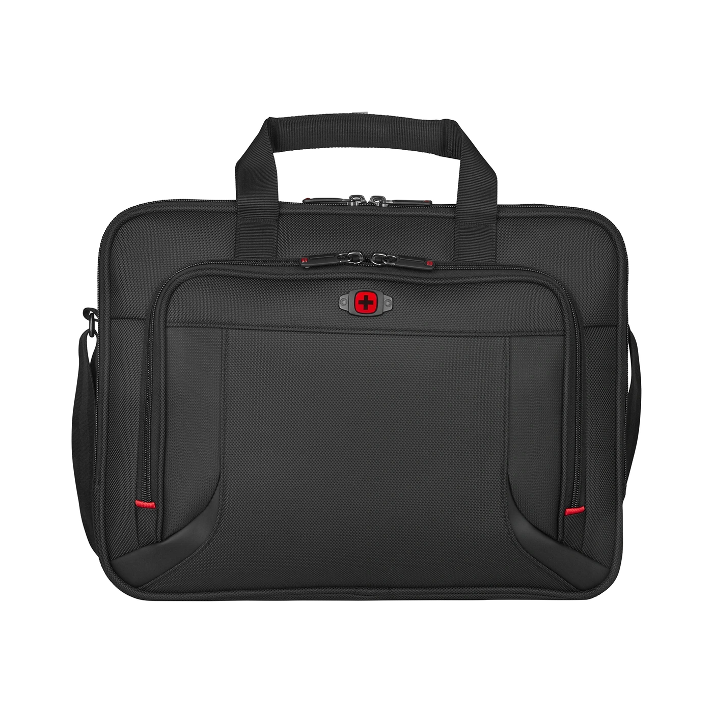 Black briefcase with red cross logo, zippers, and handle on black background