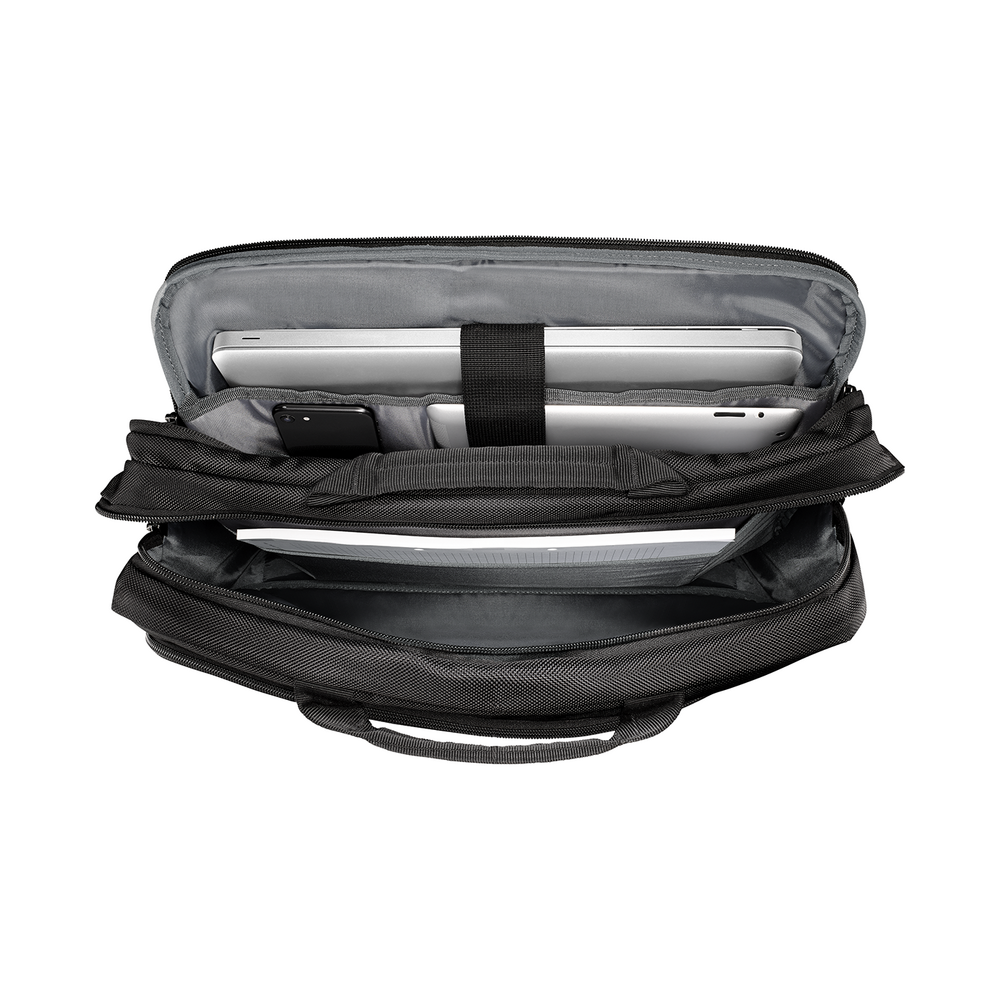 Black laptop bag, open, with laptop, tablet, and phone inside