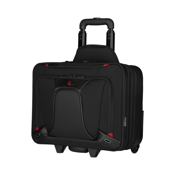 Black rolling suitcase with retractable handle, Wenger logo, red accents, and wheels.