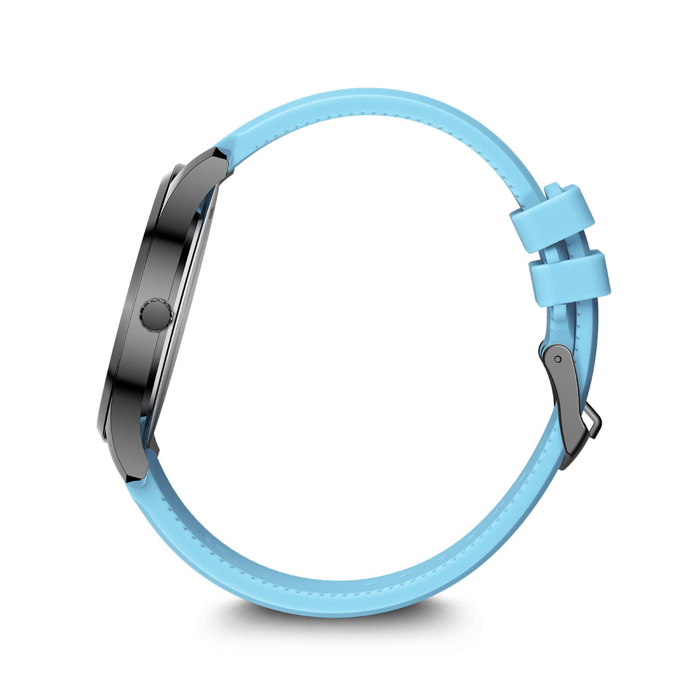 A light blue smartwatch with a silver casing and a blue silicone strap against a white background.