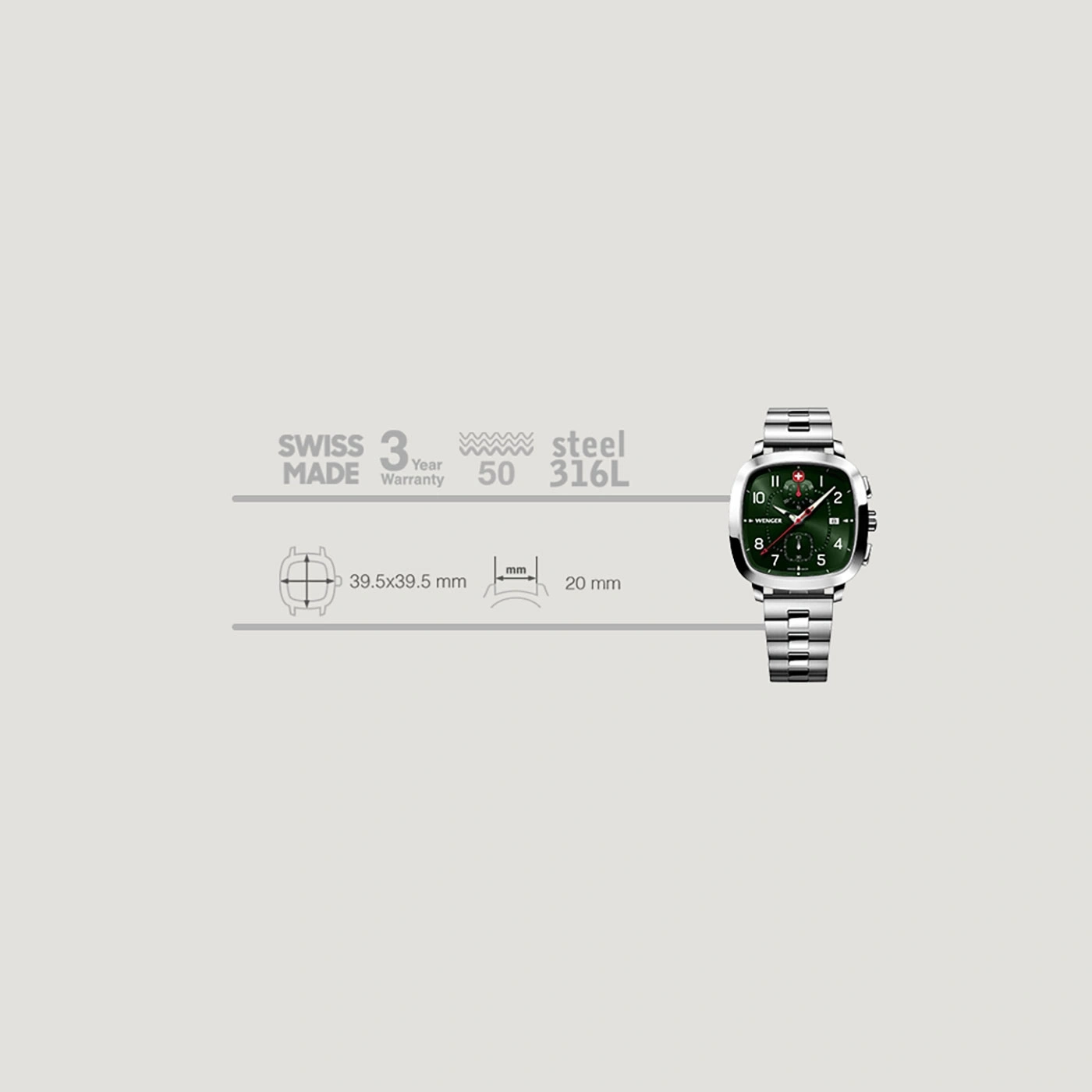 Schweizer Uhr mit grünem Zifferblatt, Stahlarmband und 3 Jahren Garantie.