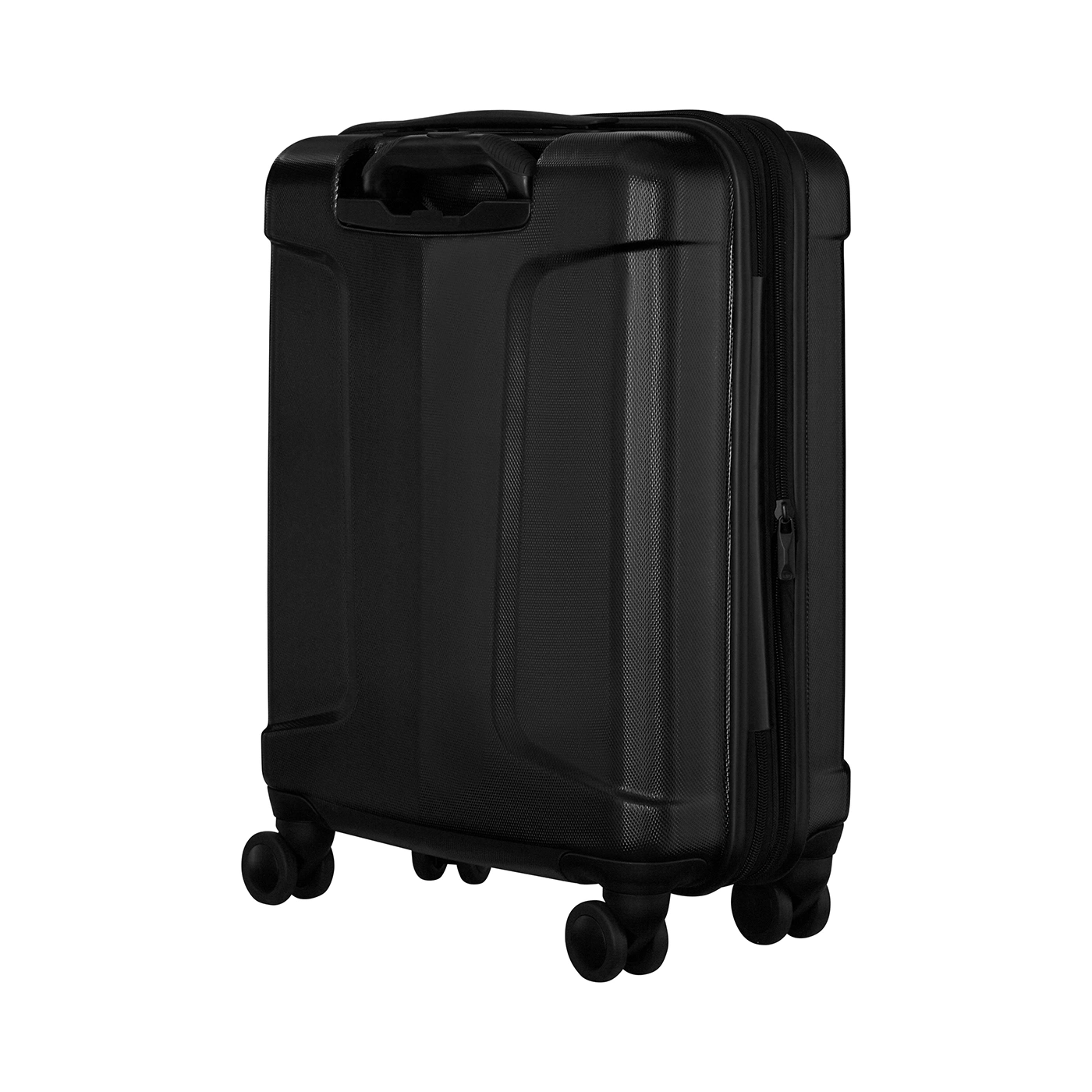 Black suitcase with wheels, zipper, and handle isolated on a white background