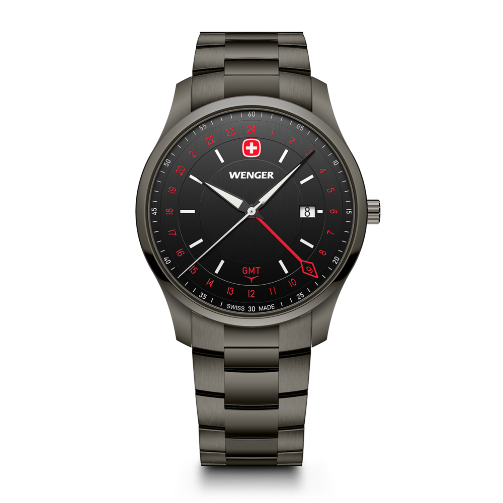 A dark grey Wenger wristwatch with a black dial and GMT display.
