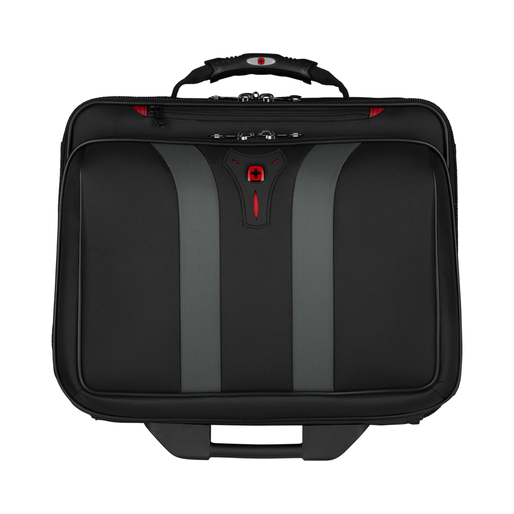 Black suitcase with gray stripes and red logo on a black background.