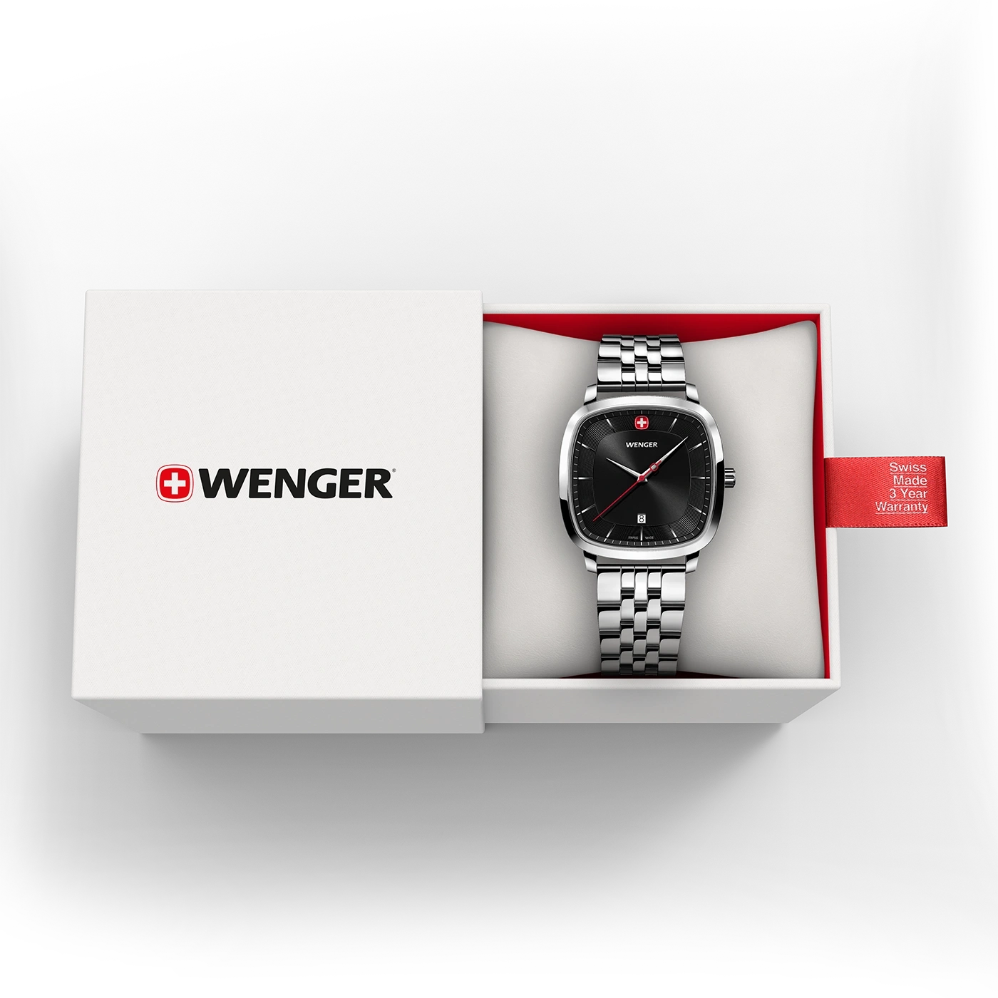 Wenger watch in a box. Black dial, silver bracelet, Swiss Made, 3-year warranty.