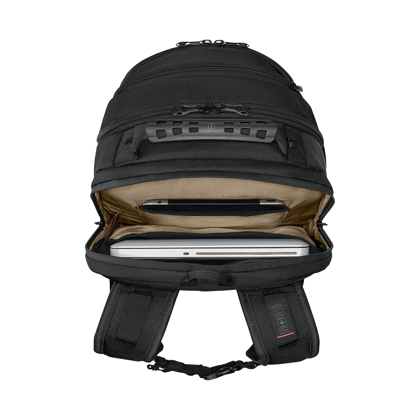 Black backpack with laptop and tablet, open, detail view, close-up shot